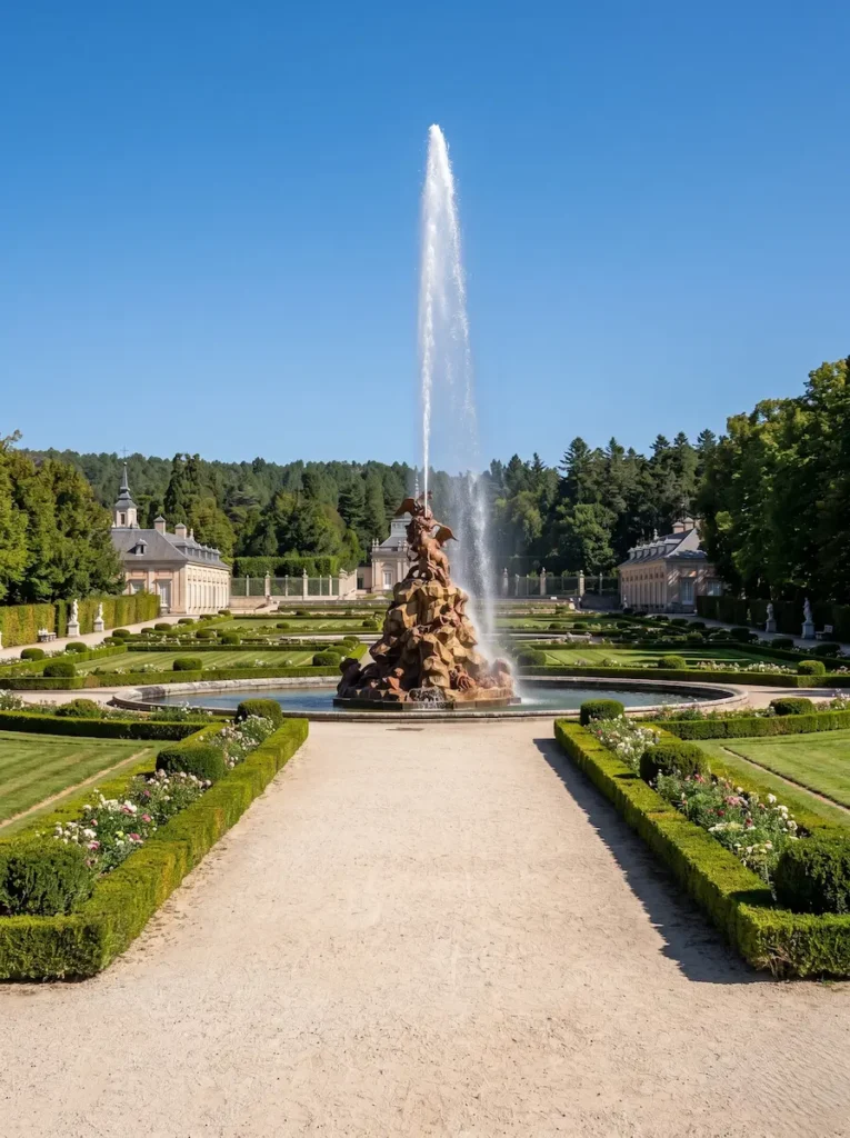Paraterres Avenida Palacio De La Granja Con Fuente Exultural Surtidor La Granja De San Ildefonso La Simetría Palaciega En La Sierra De Guadarrama