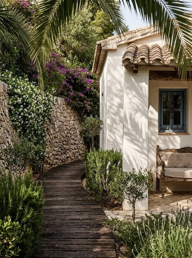 paso en sombra junto a casa y muro de piedra jardín mediterráneo | jardinesconestiloes Paso En Sombra Junto a Casa Y Muro De Piedra Jardín Mediterráneo El Refugio De La Luz La Poética Del Jardín Mediterráneo Exuberante