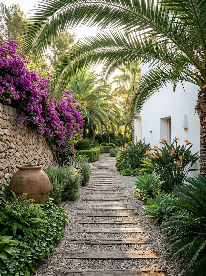 Paso Jardín Mediterraneo Con Buganvilla Palmera Y Tinaja El Refugio De La Luz La Poética Del Jardín Mediterráneo Exuberante