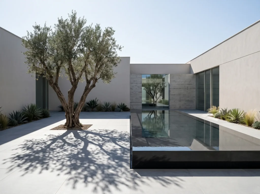 patio interior minimalista con olivo | jardinesconestiloes Patio Interior Minimalista Con Olivo La Geometría Del Pensamiento Guía Maestra De Estilos En El Paisajismo De Autor