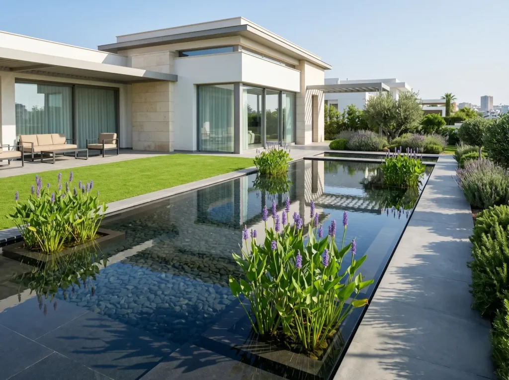 pontederia cordata integrada en piscina biológica | jardinesconestiloes Pontederia Cordata Integrada En Piscina Biológica Pontederia pontederia Cordata Verticalidad Acuática Y Excelencia Botánica