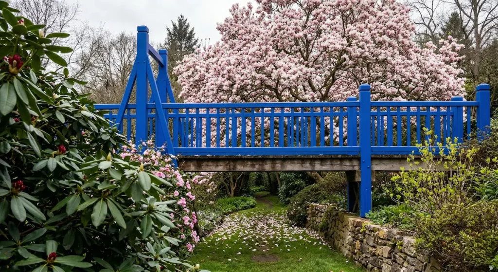 puente azul con magnolia y rododendros | jardinesconestiloes Puente Azul Con Magnolia Y Rododendros La Magia De Cruzar Puentes Que Definen El Alma Del Jardín