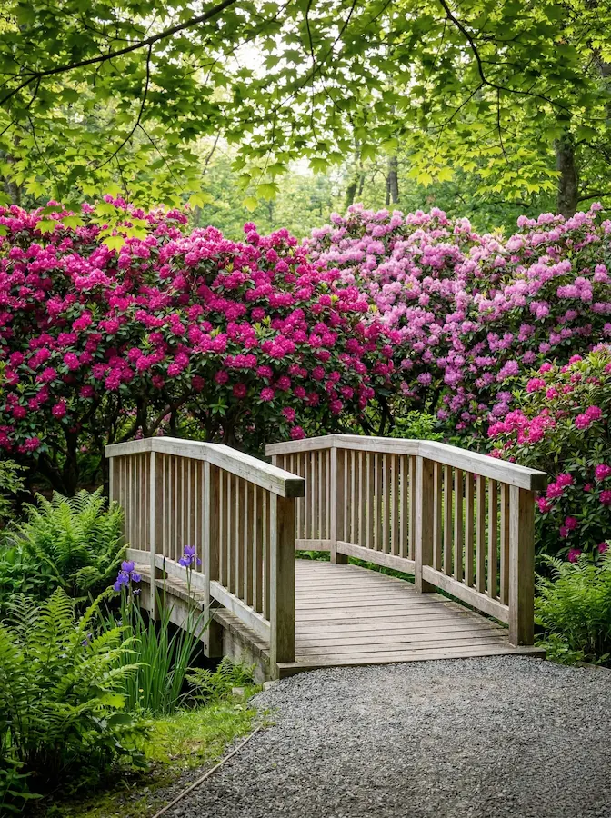 puente de madera al fondo rododendros en flor | jardinesconestiloes Puente De Madera Al Fondo Rododendros En Flor La Magia De Cruzar Puentes Que Definen El Alma Del Jardín
