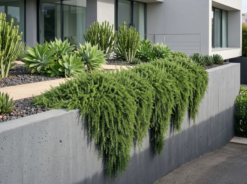 romero rastrero en jardín | jardinesconestiloes Romero Rastrero En Jardín Romero Rastrero salvia Rosmarinus prostratus Aromática En Cascada'Prostratus') desbordando un muro de contención contemporáneo, demostrando excelencia botánica y diseño arquitectónico.