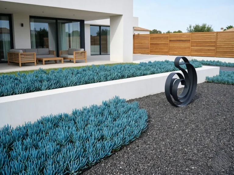 Senecio azul tapizando un lecho de grava negra con escultura moderna de hierro
