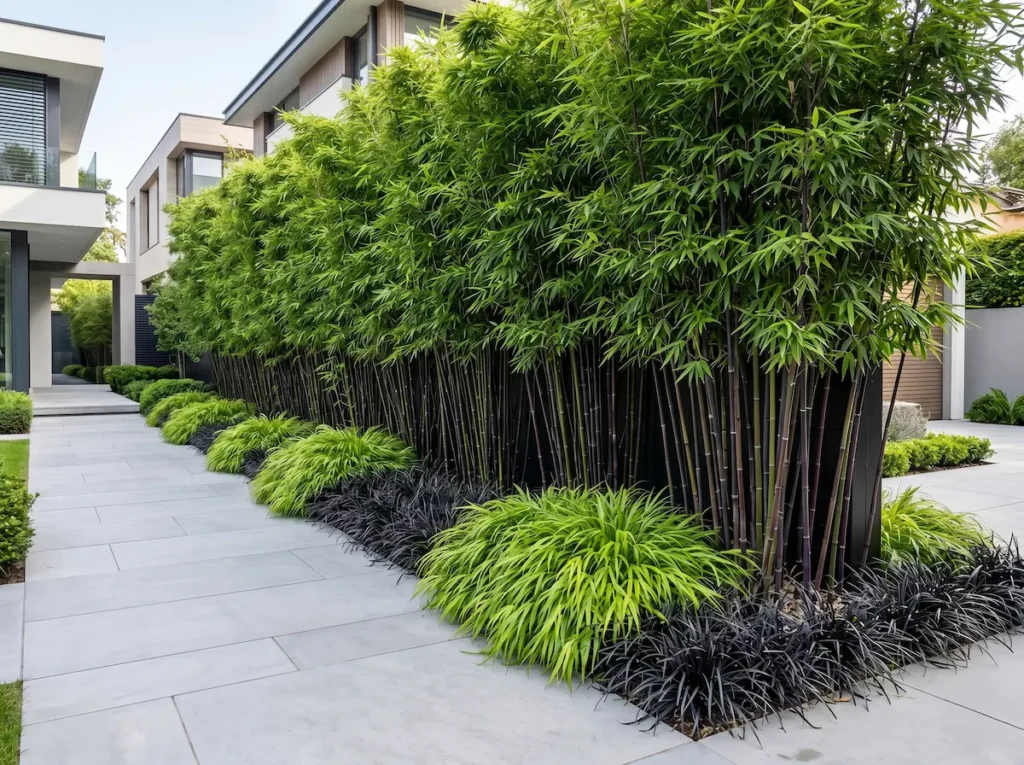 seto fargesia viking | jardinesconestiloes Seto Fargesia Viking Bambú Vikingo fargesia Nitida viking El Obelisco Púrpura Del Paisajismo'Viking') como pantalla vertical contemporánea junto a pavimentos de piedra, demostrando un estándar profesional absoluto.