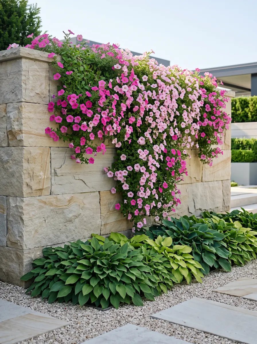 surfinias sobre muro de piedra | jardinesconestiloes Surfinias Sobre Muro De Piedra Diseño De Fachadas Vegetales Trepadoras Para El Control Térmico Y Volumétrico