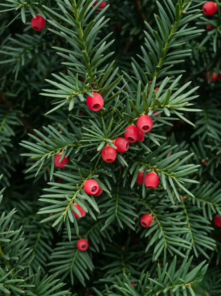 Primer plano fotográfico de las densas acículas verde oscuro y los vibrantes arilos rojos del Tejo (Taxus baccata), mostrando su textura inmaculada.