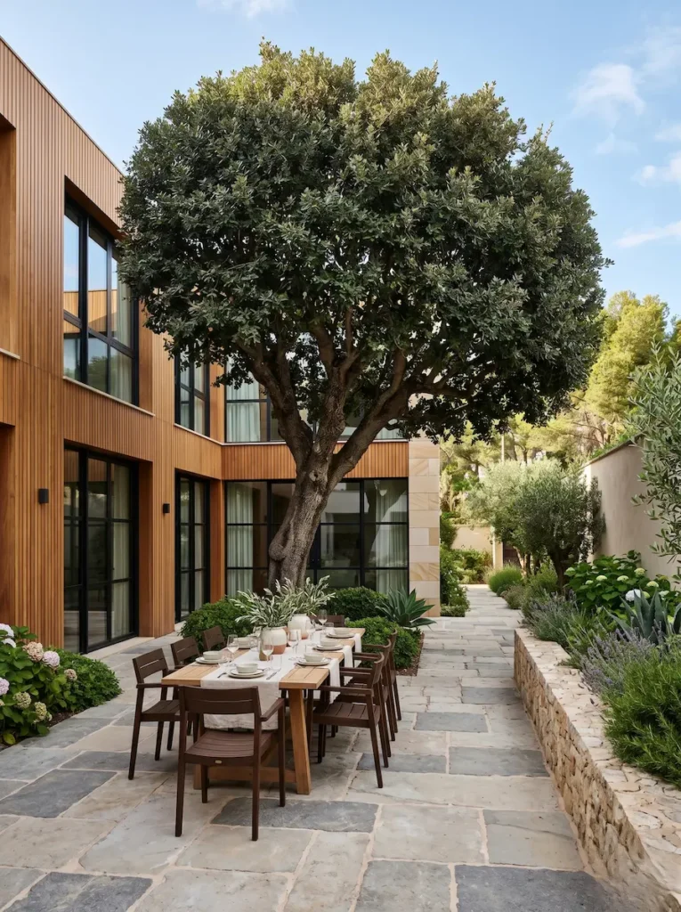 Terraza Chalet Moderno Con Madera Y Encina Ejemplar Integrada Los Cinco Pilares Del Diseño En El Paisajismo Profesional Contemporáneo