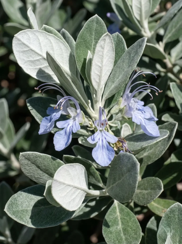 Primer plano fotográfico de las hojas plateadas y la sutil floración azul del Olivillo (Teucrium fruticans), mostrando su impecable textura geométrica.