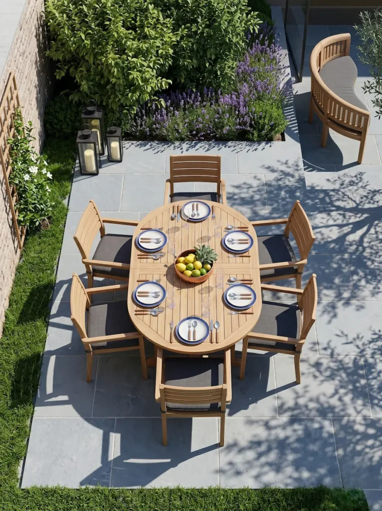 vista cenital conjunto comedor mesa y sillas con banco semicircular | jardinesconestiloes Vista Cenital Conjunto Comedor Mesa Y Sillas Con Banco Semicircular Mobiliario De Teca En La Arquitectura Del Paisaje Exterior Todo Un Clásico