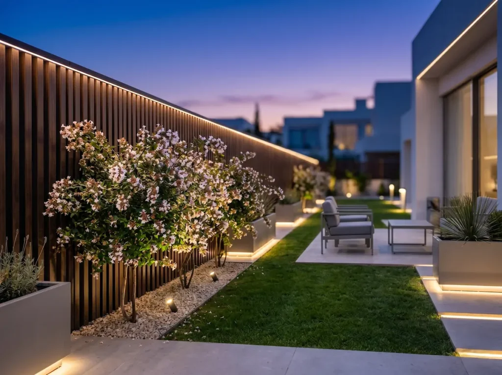 vista general terraza contemporanea nocturna con abelias | jardinesconestiloes Vista General Terraza Contemporanea Nocturna Con Abelias Abelia Grandiflora Versatilidad En Color Estructura Y Aroma Para El Jardín