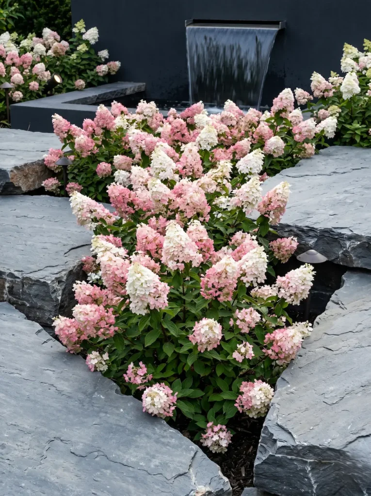 Hydrangea paniculata Groundbreaker Blush | jardinesconestiloes Hydrangea Paniculata Groundbreaker Blush El Tapiz Del Paisaje Innovación En La Cobertura Vegetal'Groundbreaker Blush' cultivada en una jardinera minimalista de madera de Ipe envejecida, con las flores cayendo sobre una terraza de granito oscuro.