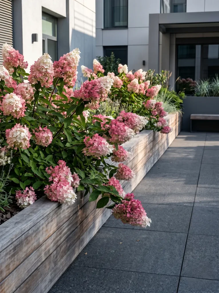 Hydrangea paniculata Groundbreaker Blush madera | jardinesconestiloes Hydrangea Paniculata Groundbreaker Blush Madera El Tapiz Del Paisaje Innovación En La Cobertura Vegetal'Groundbreaker Blush' cultivada en una jardinera minimalista de madera de Ipe envejecida, con las flores cayendo sobre una terraza de granito oscuro.