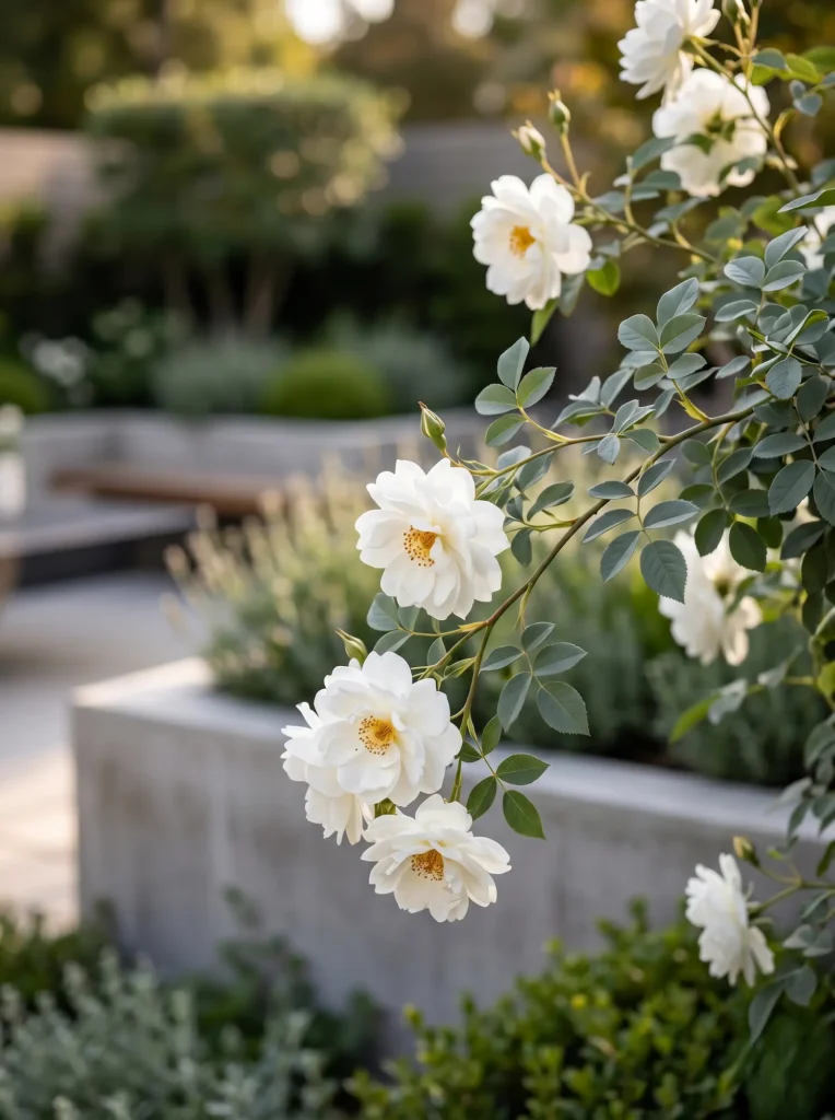 Rosa x alba Maxima branch | jardinesconestiloes Rosa X Alba Maxima Branch La Escultura Lumínica Diseño Cuidado Con Rosales Blancos En Paisajismo Contemporáneo'Maxima' mostrando su singular follaje grisáceo y estambres dorados, con un fondo difuminado de paramentos limpios de hormigón contemporáneo.