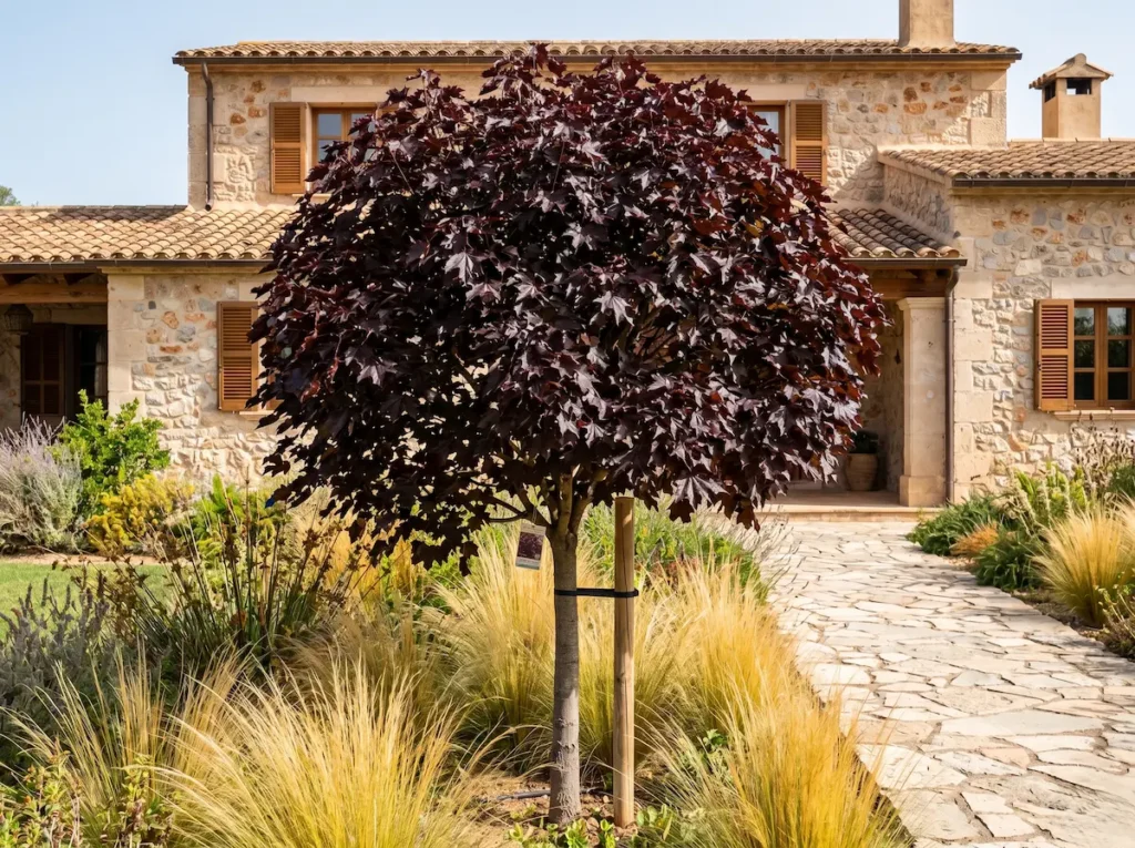 acer crimsom king en jardín | jardinesconestiloes Acer Crimsom King En Jardín Acer Platanoides Crimson King El Arce Púrpura Y La Profundidad Espacial'Crimson King' de madurez media, mostrando su aspecto tras la plantación con un estándar profesional.