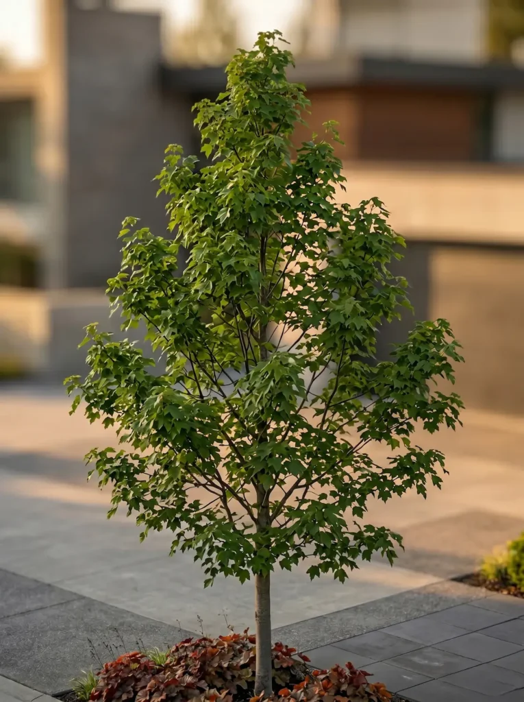 Acer Redpoint Verano Arce Rubrum redpointe La Escala Vertical Y El Magnetismo Otoñal'Redpointe' en su fase estival de follaje verde oscuro, mostrando una densidad absoluta sin podas topiaras, sobre un pavimento claro desenfocado.
