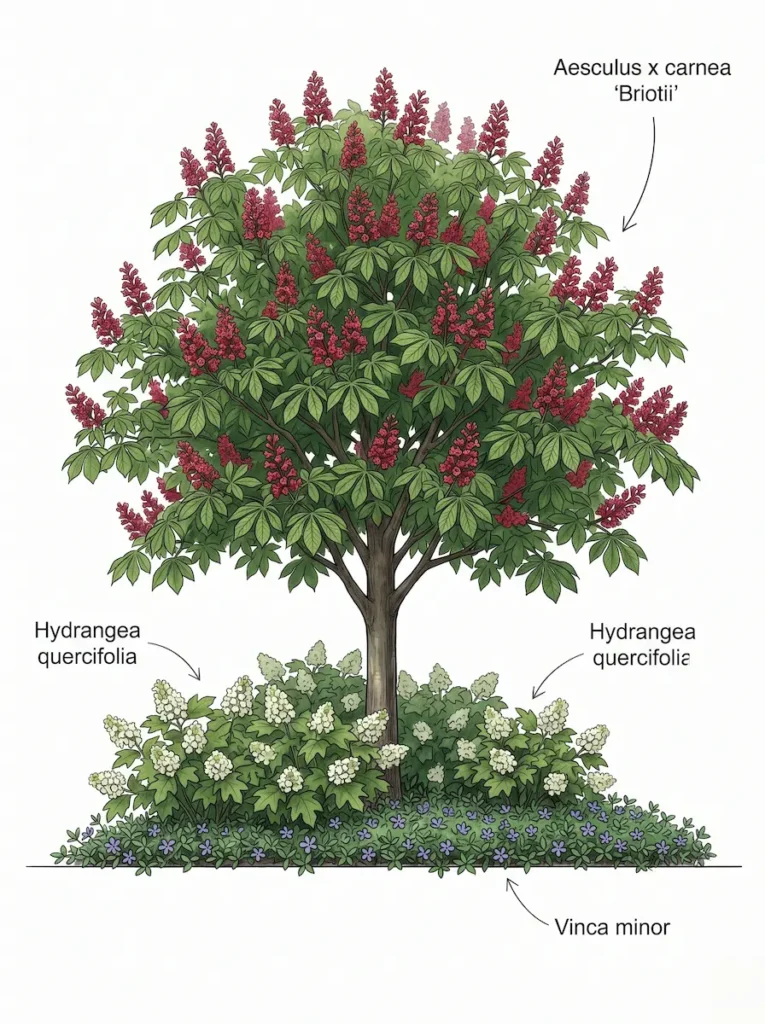 aesculus carnea briotti infografía | jardinesconestiloes Aesculus Carnea Briotti Infografía Castaño De Indias Rojo aesculus X Carnea briotii La Bóveda Floral Del Paisaje'Briotii' junto a especies de sotobosque de diseño cuidado.