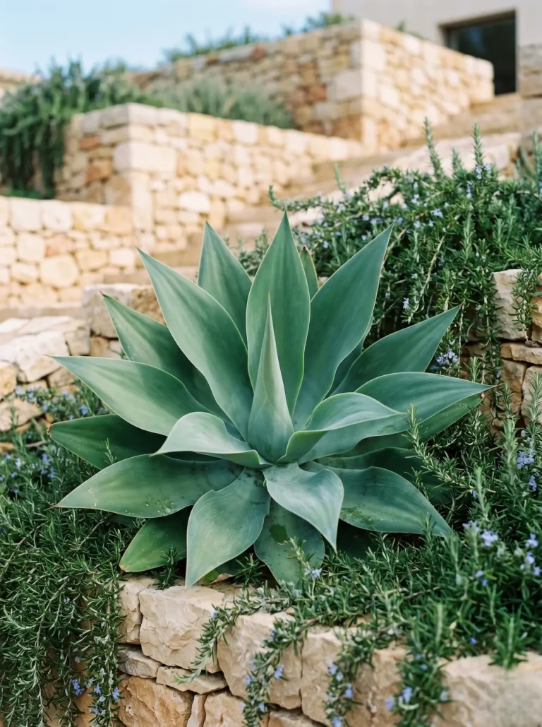 Primer plano botánico de las hojas suaves y carnosas del Agave attenuata entrelazadas con las texturas finas del Rosmarinus prostratus bajo luz natural nítida.