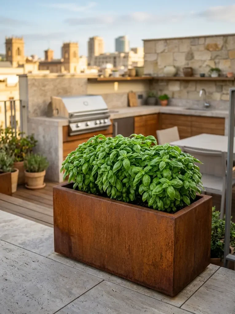 Albahaca En Jardinera Corten El Despertar De Mayo Planificación Botánica E Integración Paisajística