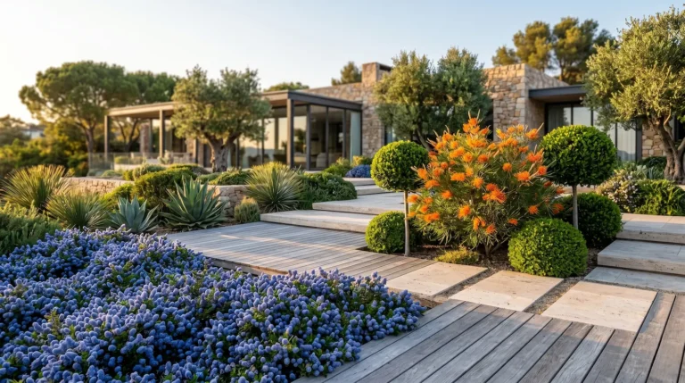 Composición profesional de Grevillea, Myrtus y Ceanothus en un jardín contemporáneo de piedra natural caliza dry-stack y madera envejecida.