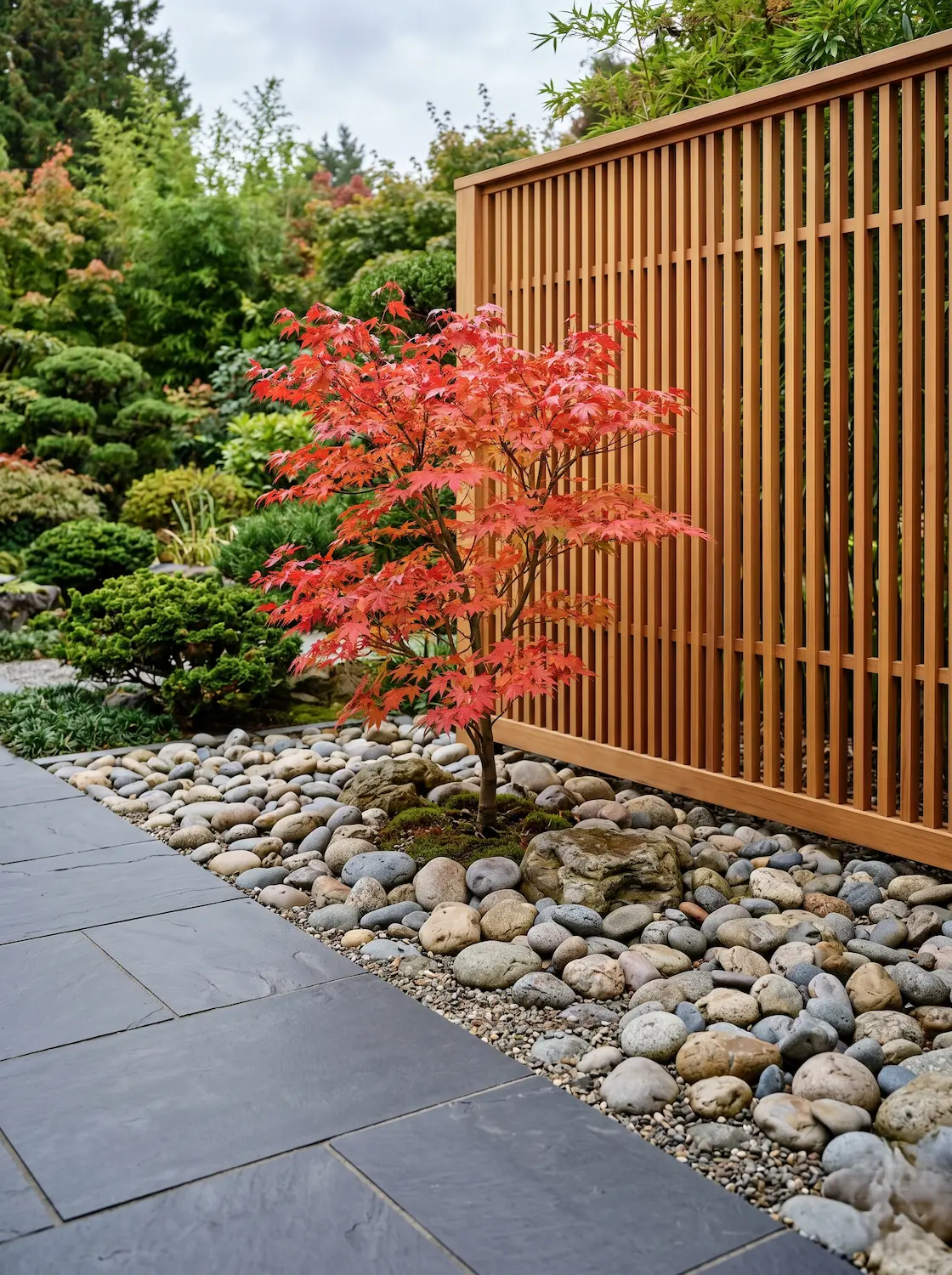 arce japonés sobre lecho de canto rodado y celosía madera cedro | jardinesconestiloes Arce Japonés Sobre Lecho De Canto Rodado Y Celosía Madera Cedro El Canto Rodado Arquitectura Mineral Y Fluidez En El Diseño Exterior