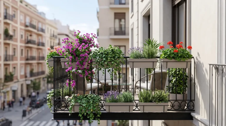 Perspectiva de un balcón urbano español con barandilla de forja y plantas colgantes, ilustrando la diferencia entre balcón y terraza mediante un diseño cuidado.