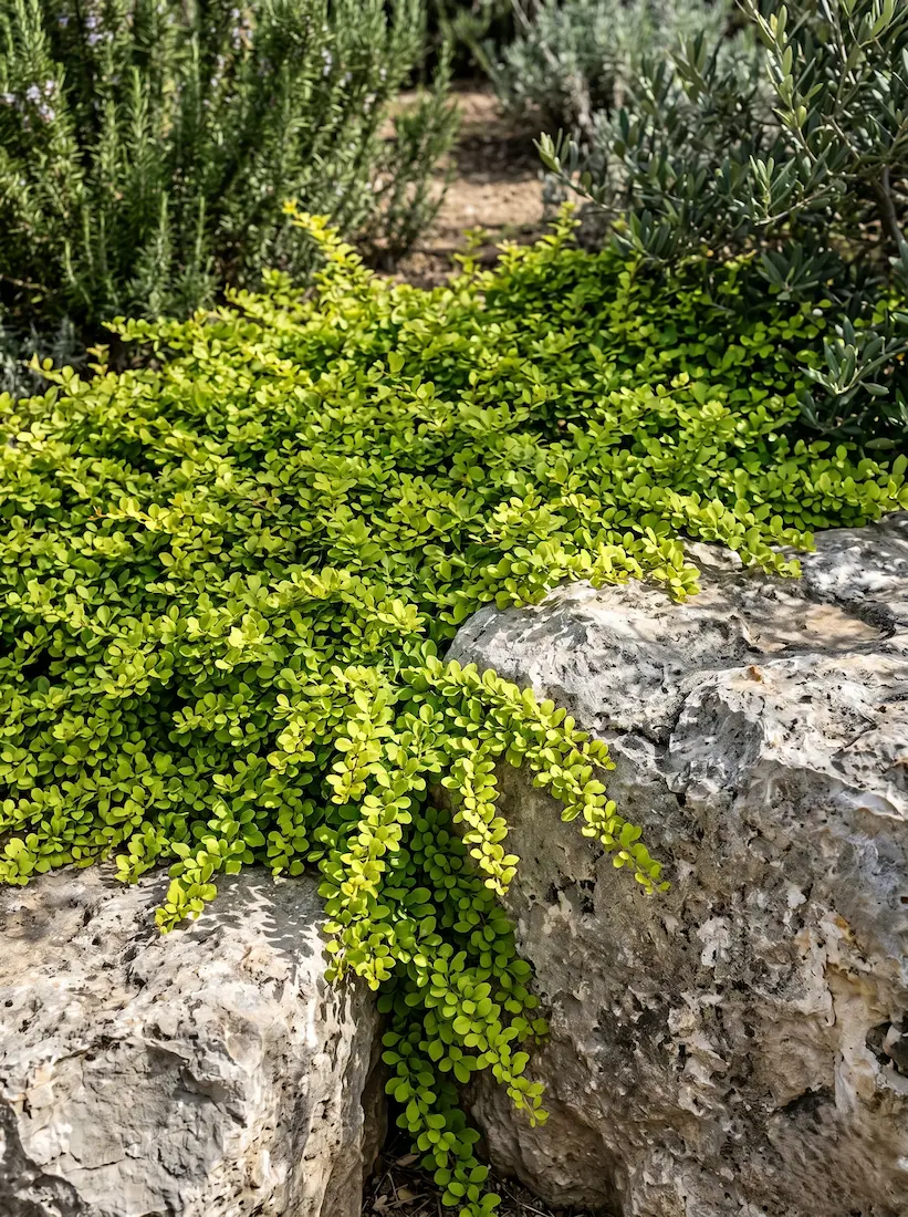 Berberis Green Carpet Jce Berberis Thunbergii El Mosaico De Fortaleza En El Paisaje Contemporáneo'Green Carpet' de follaje verde lima desbordando sobre bloques de piedra caliza natural.