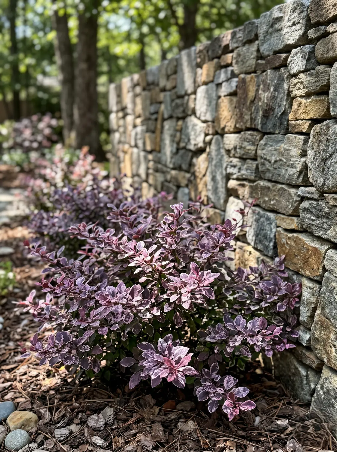 Berberis Harlequin Jce Berberis Thunbergii El Mosaico De Fortaleza En El Paisaje Contemporáneo'Harlequin' de follaje jaspeado rosa y púrpura frente a un muro de piedra natural rugosa.