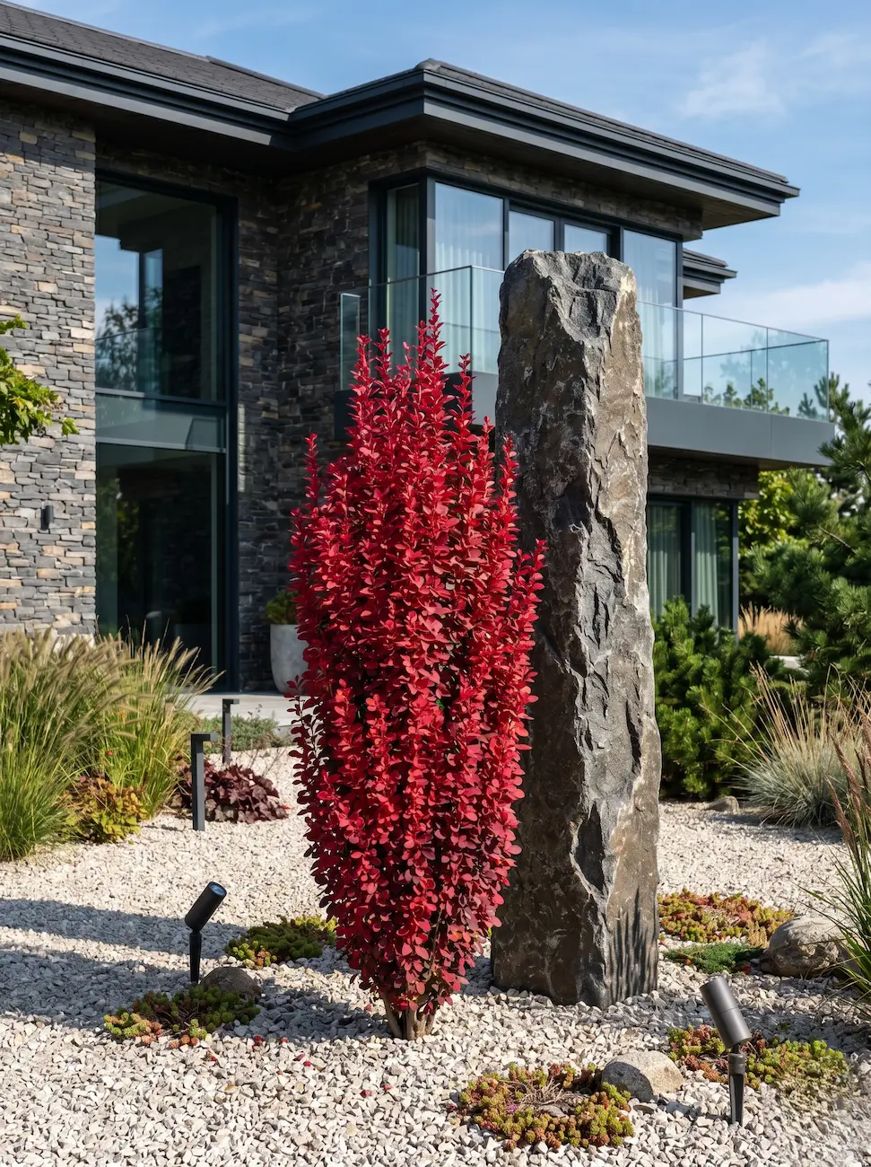 Berberis Red Rocket Jce Berberis Thunbergii El Mosaico De Fortaleza En El Paisaje Contemporáneo'Red Rocket' de porte columnar rojo junto a un monolito de granito en un jardín de vanguardia.