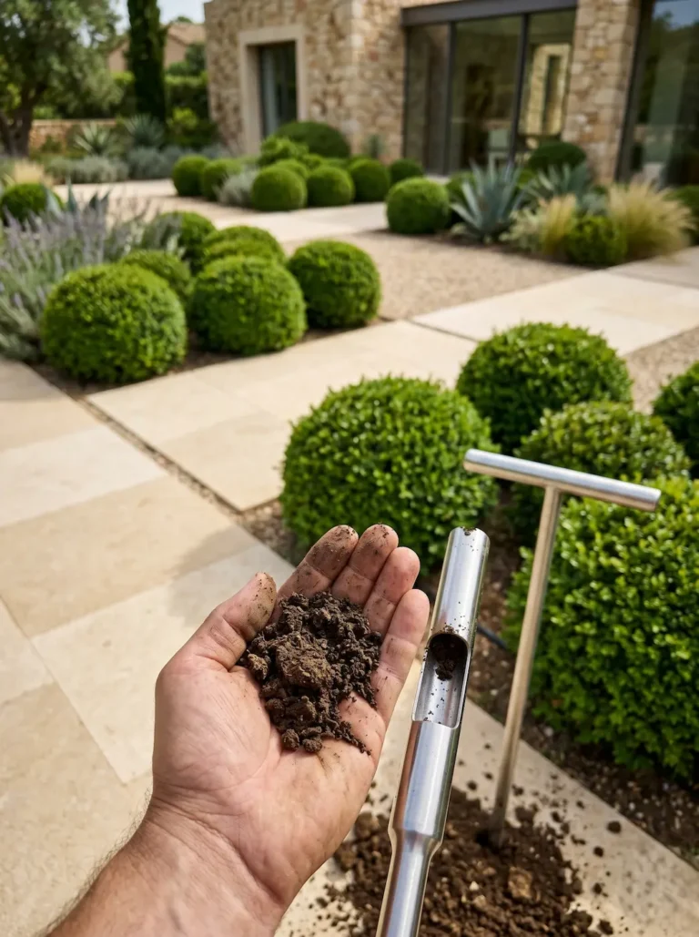 Toma de muestras de suelo por un profesional en un jardín residencial de alto nivel.