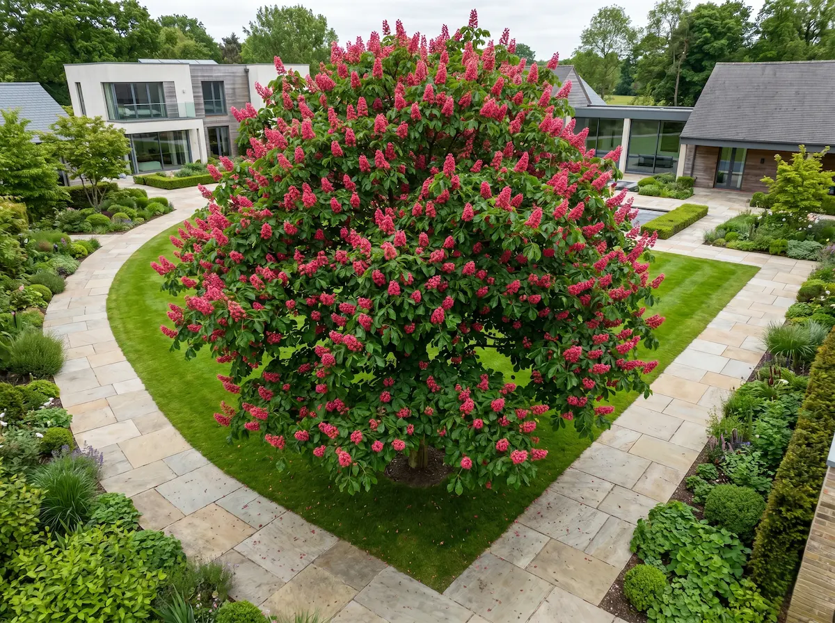 Carnea Briottii En Jardín Castaño De Indias Rojo aesculus X Carnea briotii La Bóveda Floral Del Paisaje'Briotii') en floración, estableciendo una integración paisajística de excelencia.