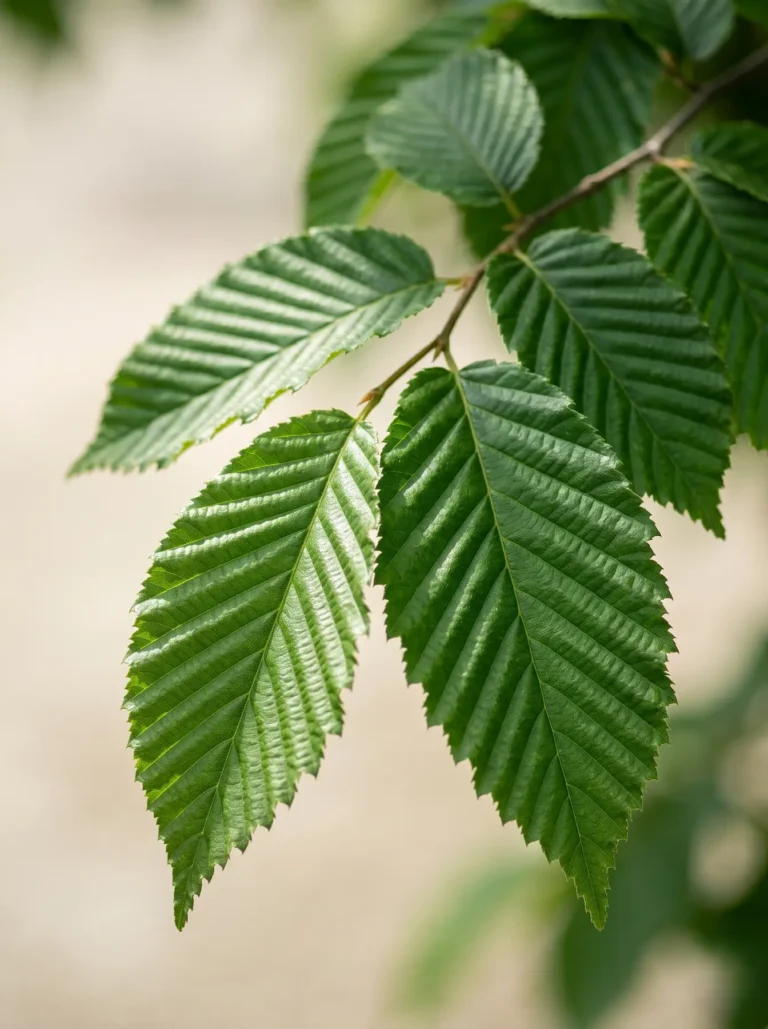 Detalle de la hoja nervada del Carpinus betulus 'Fastigiata', mostrando un diseño cuidado y salud botánica.