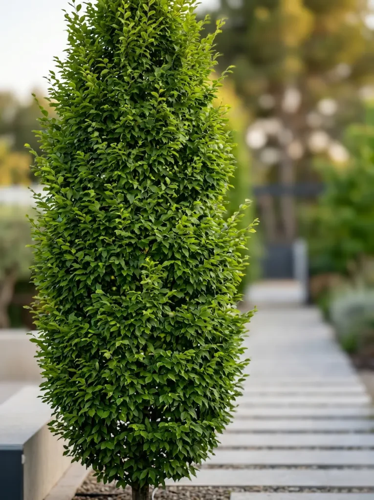 Carpinus Betulus Orange Retz En Verano Carpinus Betulus orange Retz La Estructura Ascendente Y El Magnetismo Estacional'Orange Retz' mostrando una densidad absoluta sin podas topiaras rígidas, perfectamente proporcionado sobre un pavimento claro desenfocado.