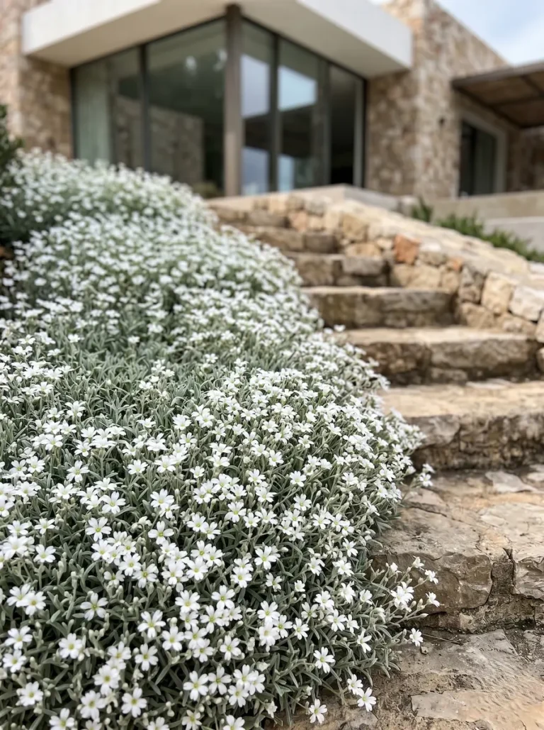 Alfombra de flores blancas de Cerastium tomentosum sobre escalones de piedra de corte limpio.