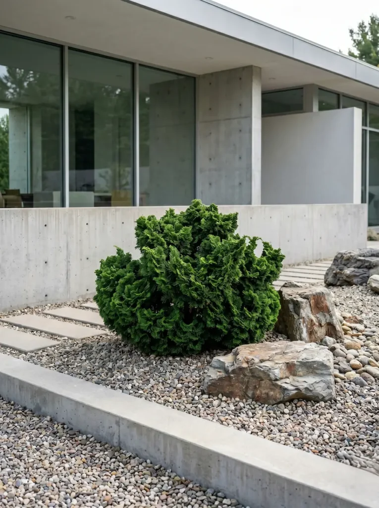 chamaecyparis obtusa cabecera | jardinesconestiloes Chamaecyparis Obtusa Cabecera Chamaecyparis Obtusa nana Gracilis La Escultura Viva Y El Detalle Milimétrico'Nana Gracilis' en un jardín de grava, aportando textura y un diseño cuidado.