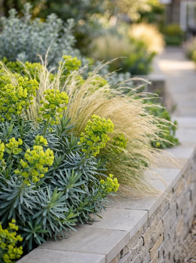 Lush garden bed with lime-green flowers and silvery-green foliage beside a stone ledge and a blurred walkway in the background.