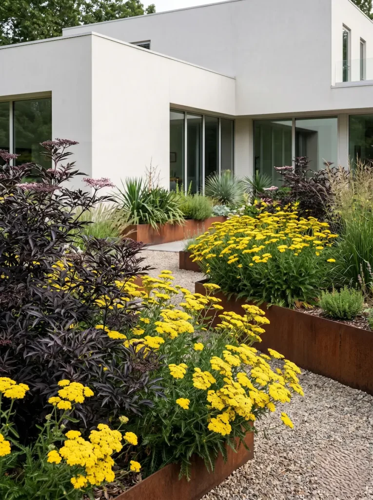 contraste purpura amarillo | jardinesconestiloes Contraste Purpura Amarillo La Sombra Del Diseño El Follaje Oscuro Y La Maestría Del Contraste'Black Lace' combinado con flores amarillas y bordes de acero corten en un jardín de autor.