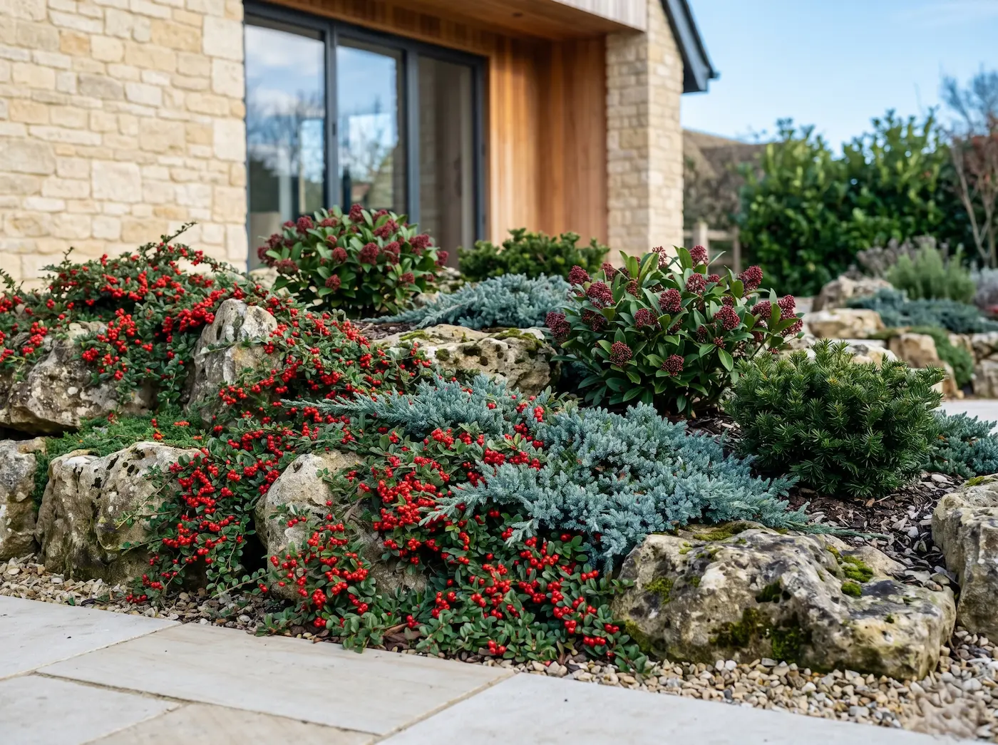 cotoneaster cabecera composición en rocalla con juniperus y skimia | jardinesconestiloes Cotoneaster Cabecera Composición En Rocalla Con Juniperus Y Skimia Cotoneaster En El Diseño Exterior Estructura Tapizante Y Fructificación Invernal