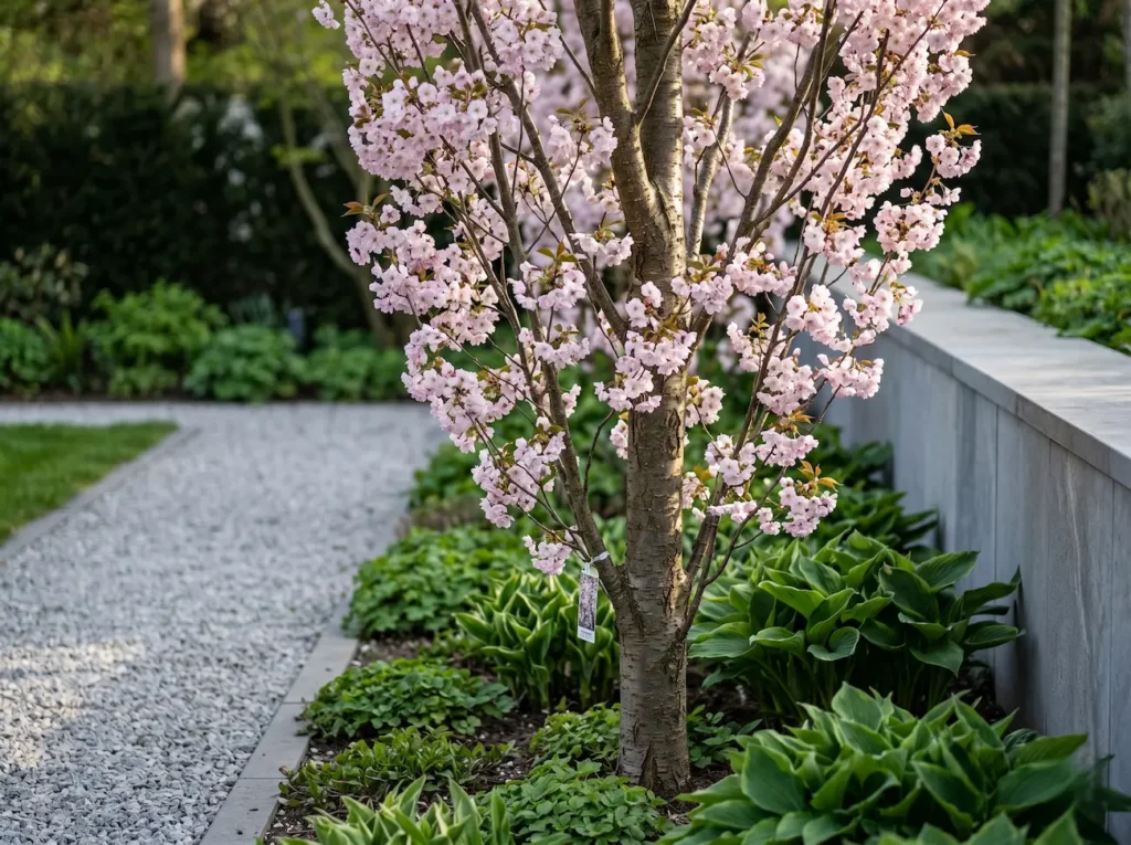 detalle de amanogawa integrado en jardin | jardinesconestiloes Detalle De Amanogawa Integrado En Jardin Prunus Serrulata amanogawa La Elegancia Vertical De La Sombra Ligera'Amanogawa' de 4 metros con cruz a 1,75m, mostrando su integración paisajística con un estándar profesional.