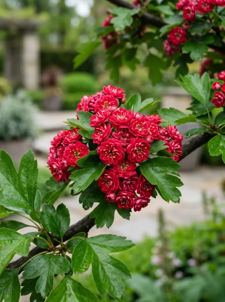 Detalle De Flor Crataegus Paul Scarlet Crataegus Laevigata pauls Scarlet La Nube De Rosas Rojas De Primavera'Paul's Scarlet', un estándar profesional de vigor botánico.