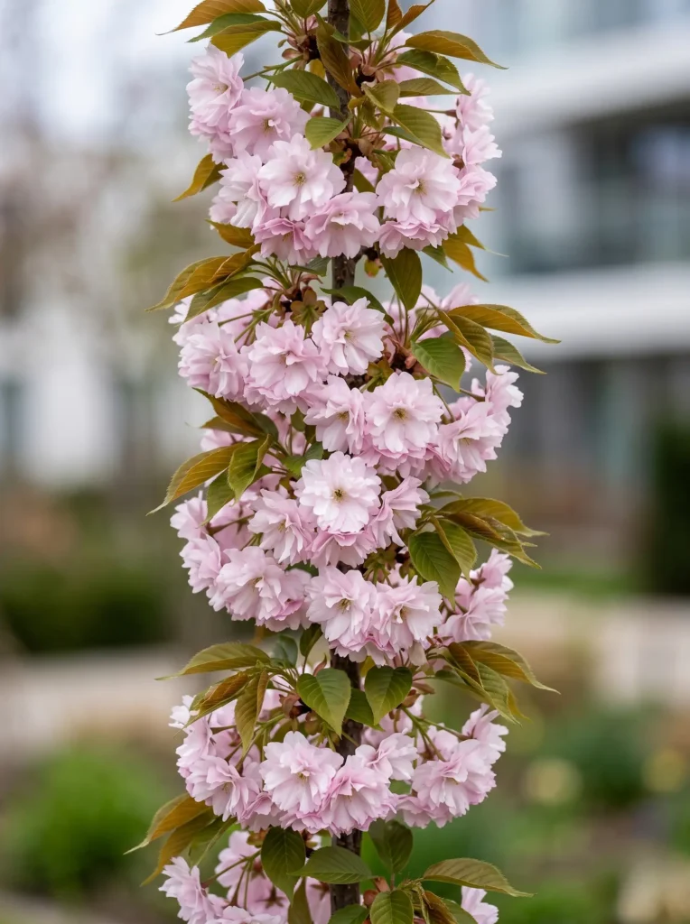 detalle flor y hoja amanogawa | jardinesconestiloes Detalle Flor Y Hoja Amanogawa Prunus Serrulata amanogawa La Elegancia Vertical De La Sombra Ligera'Amanogawa', un estándar profesional de vigor botánico.