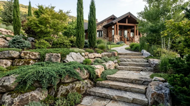 Diseño de un jardín con desnivel resuelto con rocas y escaleras de piedra natural refinada, mostrando una integración paisajística frente a una casa de sierra con madera.