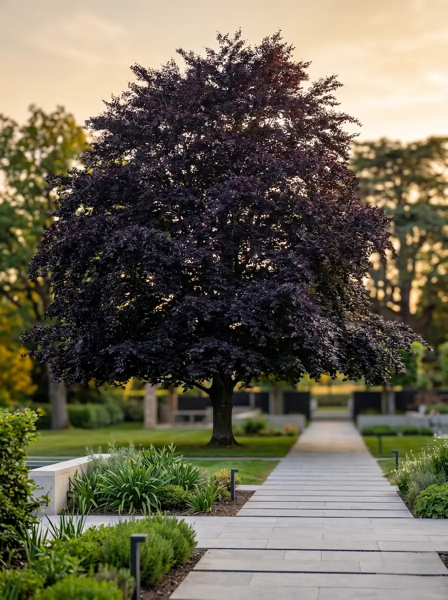 fagus sylvatica atropunicea gran ejemplar | jardinesconestiloes Fagus Sylvatica Atropunicea Gran Ejemplar Fagus Sylvatica atropunicea La Majestuosidad Orgánica Y La Profundidad Cromática'Atropunicea', mostrando una densidad foliar absoluta sin podas topiaras rígidas, perfectamente proporcionado sobre un césped claro desenfocado.