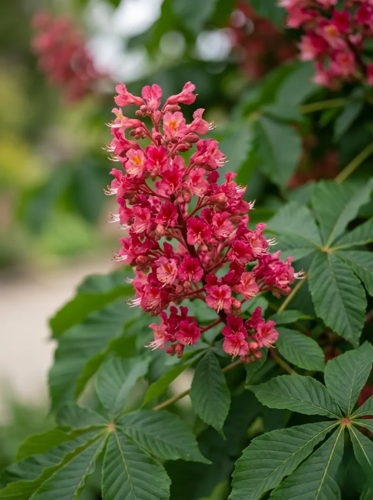 Flor Y Hojas De Carnea Briotii Castaño De Indias Rojo aesculus X Carnea briotii La Bóveda Floral Del Paisaje