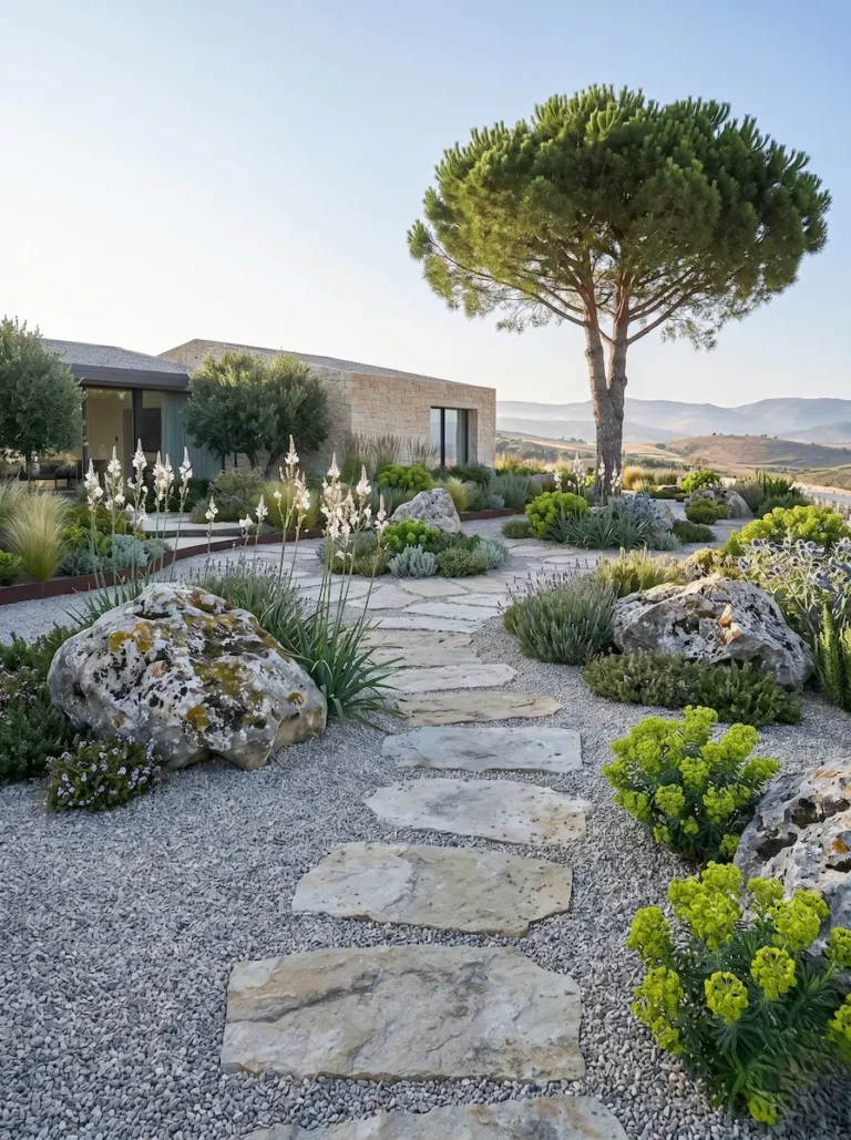Jardín contemporáneo estructurado con grava y rocas naturales, un ejemplo de calidad y bajo mantenimiento.
