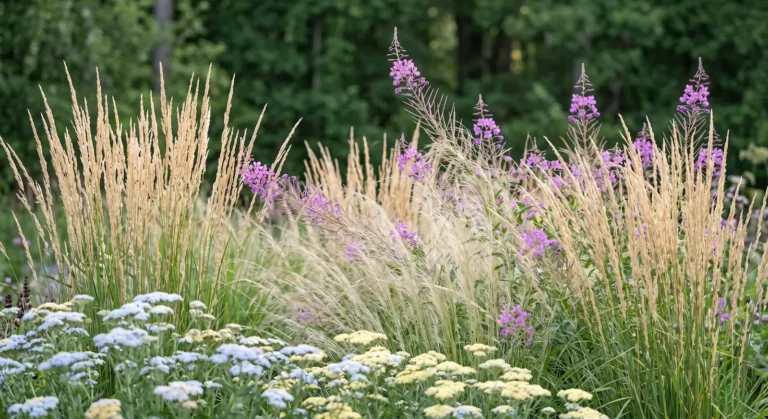 Paisaje de textura fina orquestado con brumas lumínicas de calamagrostis Calamagrostis x acutiflora y toques rosados de adelfilla Epilobium angustifolium destacando sobre una masa forestal oscura.
