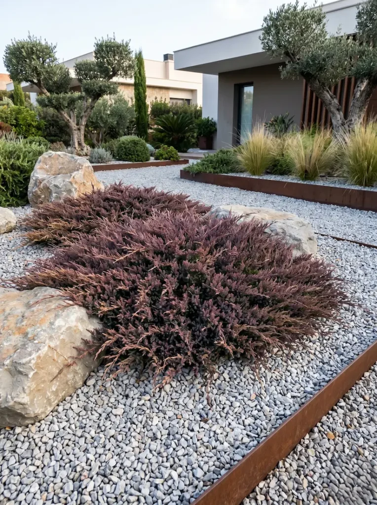 juniperus andorra en invierno | jardinesconestiloes Juniperus Andorra En Invierno Juniperus Horizontalis andorra Compacta La Fluidez Del Relieve Y El Tapiz Invernal'Andorra Compacta') en tonos cobrizos de invierno, aportando textura al jardín.