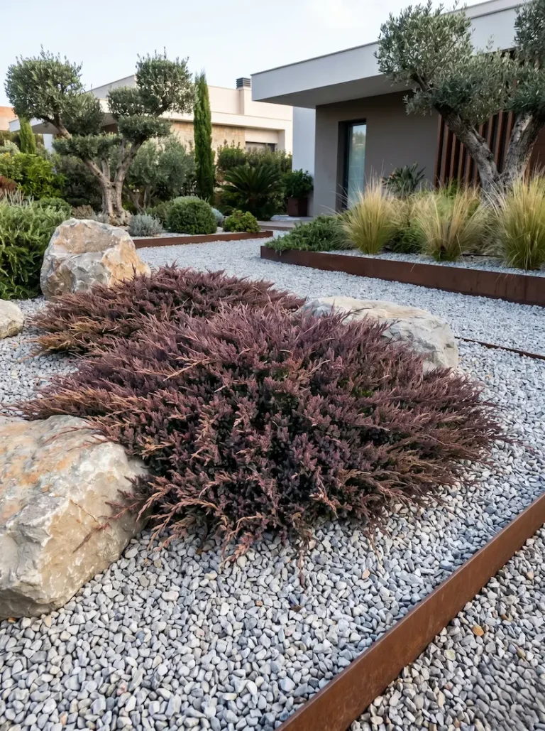 Ejemplar de Sabina rastrera (Juniperus horizontalis 'Andorra Compacta') en tonos cobrizos de invierno, aportando textura al jardín.