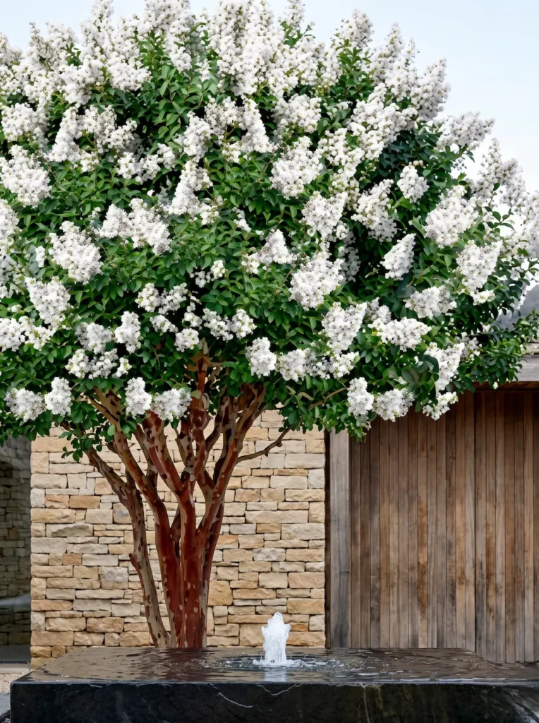 lagerstremia Natchez | jardinesconestiloes Lagerstremia Natchez Lagerstroemia Indica La Arquitectura Escultórica Del Paisaje Mediterráneo'Natchez' multitronco con corteza canela y floración blanca pura grande junto a una lámina de agua de pizarra natural.